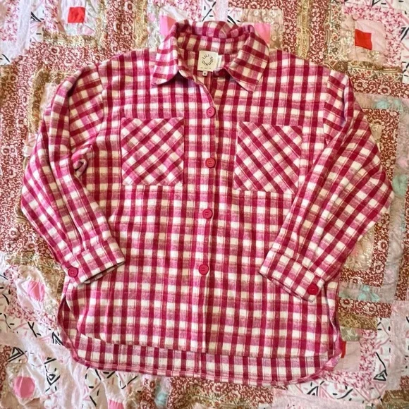 Lili Sidonio Red Pink and White Plaid Shirt Jacket M - Picture 5 of 10